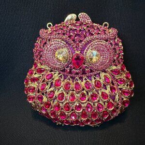 Pink/Gold Crystal Owl Clutch purse;Kiss lock/magnetic; wedding/evening; NO strap
